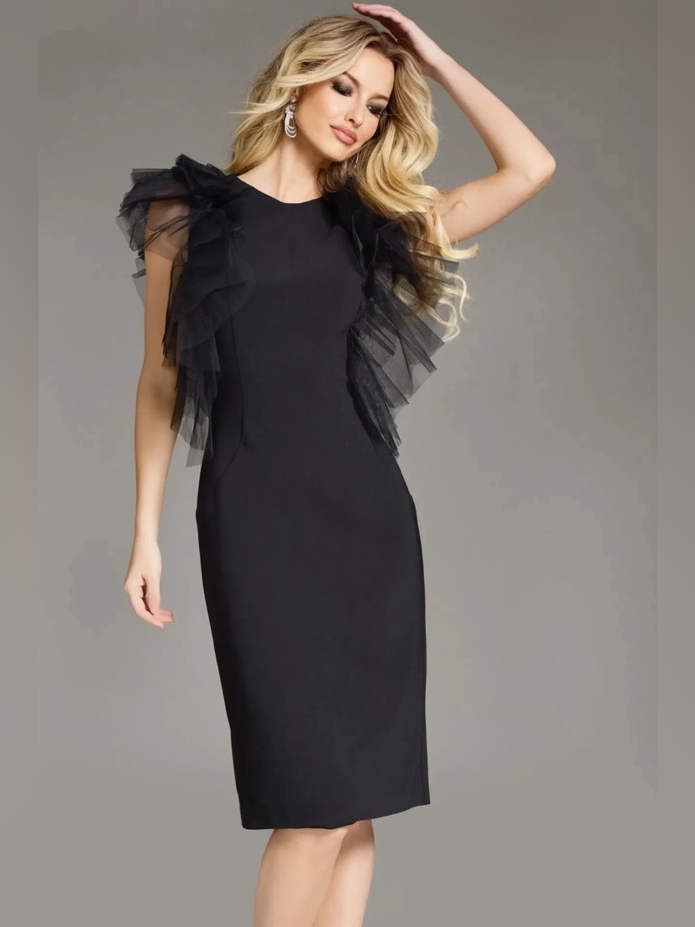 Jovani Sheath Dress with Layered Tulle Shoulders 43152 LBD